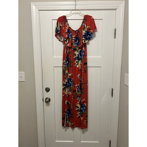 Jodifl Red Floral Off Shoulder  Size Small Maxi Dress Gathered Waist Split Joint - Picture 1 of 10